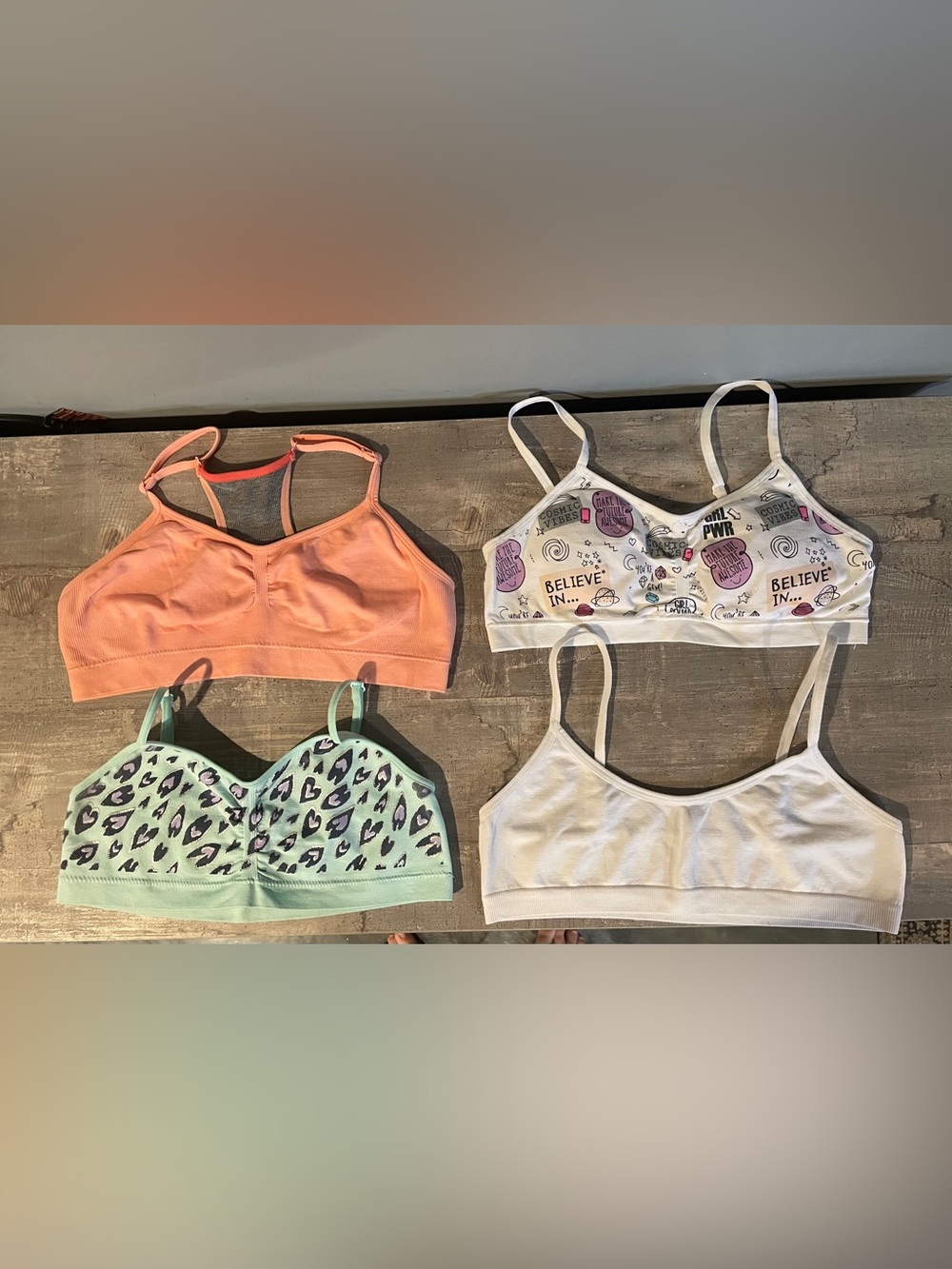 Girls Set of 4 Training Bralettes Size XL White Coral Animal Print Girl Power